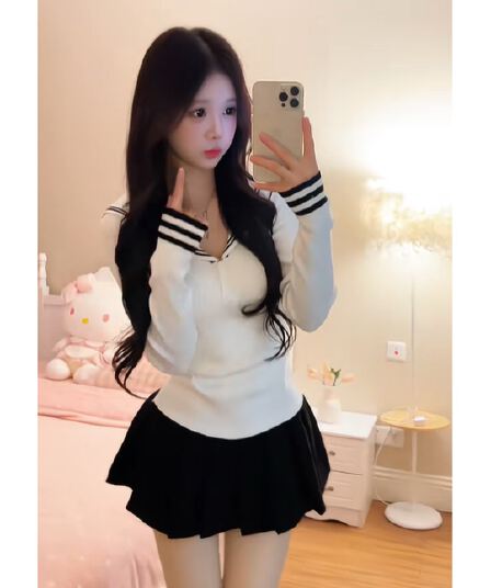 한 부서 학원 스타일 해군 칼라 긴팔 니트 스웨터 여성 이른 가을 새로운 몸매 가꾸기 슬림해 보이는 연령 감소 배색 맨위