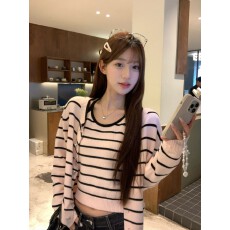 批发粉色条纹针织开衫两件套女2026韩系秋季氛围感穿搭长袖上衣