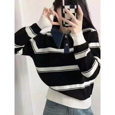 批发撞色条纹打底衫女秋冬翻领长袖针织毛衣内搭套头长袖针织衫上衣潮