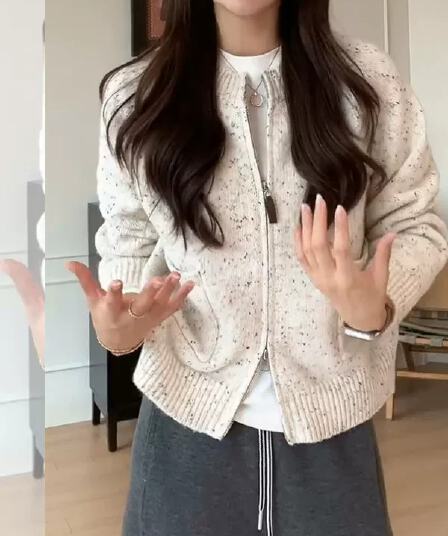 느긋한 바람 더블 지퍼 니트 오픈 가디건 여성 루즈핏 라운드 넥 스웨터 코트 느슨함 바람 맨위 루즈핏 종류 니트 스웨터