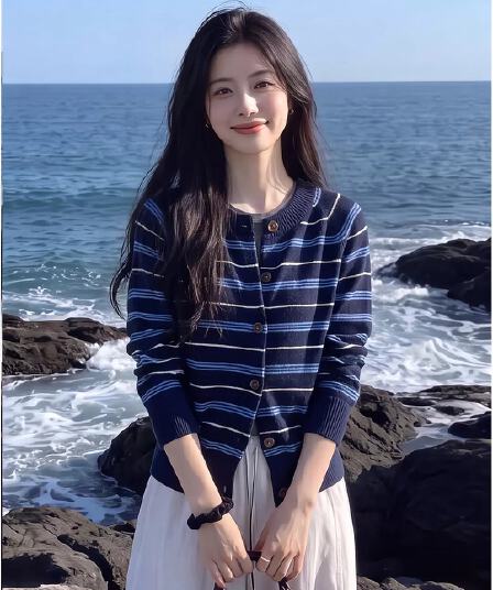 아메리칸 레트로 배색 스트라이프 니트 오픈 가디건 여성 이른 가을 2026 새로운 느슨함 센스 캐주얼 스웨터 코트 맨위