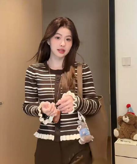 한 부서 분위기 센스 착용 가져 가라. 배색 스트라이프 예쁜 스웨터 니트 오픈 가디건 여성 가을 겨울 몸매 가꾸기 슬림해 보이는 인사이드 잡아라. 의류