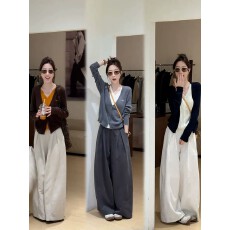 批发秋季新款减龄时尚套<b class='q'>装</b>女撞色假两件针织上衣休闲阔腿<b class='q'>裤</b><b class='q'>百搭</b>两件套