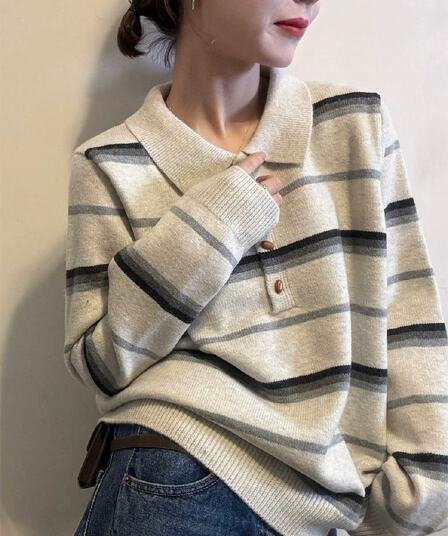 캐주얼 미니멀리즘 레트로 배색 스트라이프 V넥 다용도 셔츠 여성 가을 긴팔 부드러운 찹쌀 편안함 출퇴근 다용도 맨위