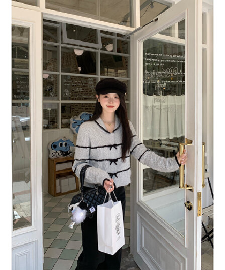 케이크를 잘라 직접 만든 작은 키 가을 겨울 새로운 회색 맨위 여성 디자인 센스 나비 매듭 달콤함 패치워크 오픈 가디건 스웨터
