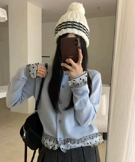 한 부서 달콤함 레이스 패치워크 색상 스웨터 여자 니트 스웨터 오픈 가디건 가을 겨울 루즈핏 느긋한 바람 품격 쇼트 스타일 맨위
