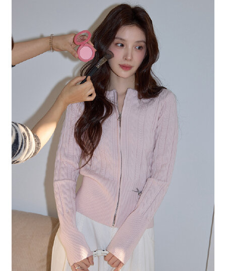 한 부서 핑크색 라운드 넥 꽈배기 니트 오픈 가디건 여성 여름 캐주얼 몸매 가꾸기 에어컨 객실 지퍼 재킷