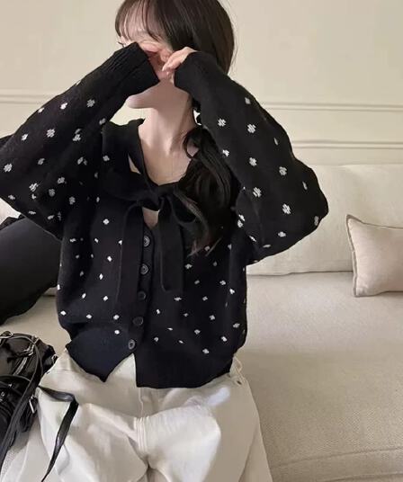 스웨터 여자 한국 스타일 chic 작은 대중 디자인 센스 천 금빛 바람 달콤함 나비 매듭 도트 무늬 니트 오픈 가디건 긴팔 맨위