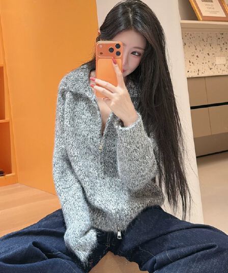 26 가을과 겨울 부드러운 찹쌀 긴 머리 꽃 실 폴로 칼라 스웨터 여성 코트 느긋한 루즈핏 두꺼운 더블 지퍼 니트 오픈 가디건
