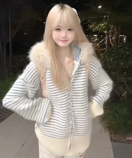 아메리칸 레트로 공정한 섬 후드 니트 오픈 가디건 여성 코트 가을 겨울 2025 새로운 달콤함 부드러운 찹쌀 스트라이프 스웨터