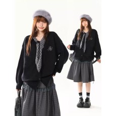 批发美式复古波点围巾领毛衣开衫<b class='q'>外套</b>女秋冬装宽松韩系慵懒风针织上衣