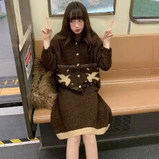 批发复古提花连帽针织开衫半身裙套装女春秋2026慵懒两件套