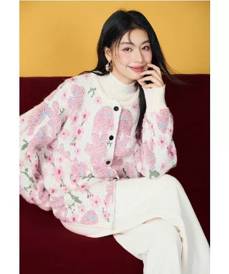 3 차원 꽃 자카드 파란색 스웨터 여성 코트 봄 가을 겨울 루즈핏 느긋한 바람 외출용 부드러운 찹쌀 니트 오픈 가디건
