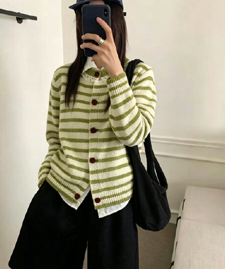 프랑스식 레이스 레이스 칼라 스트라이프 니트 오픈 가디건 레트로 배색 부드러운 찹쌀 쇼트 스타일 다용도 스웨터 코트 여자