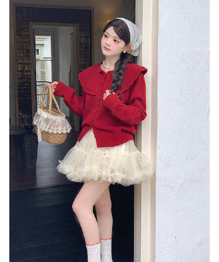 사슴 그리고 제나라 따뜻한 빨간색 속삭임 프랑스식 레트로 달콤한 자매 바람 해군 폴로 칼라 니트 오픈 가디건 여성 느긋한 긴팔 재킷