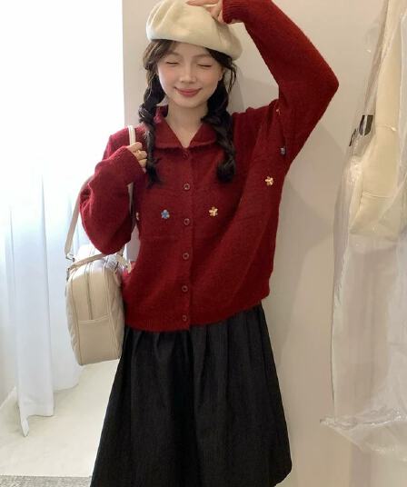 한 부서 달콤함 연령 감소 자수 작은 꽃 쇼트 스타일 작은 폴로 칼라 스웨터 오픈 가디건 여성 루즈핏 봄 가을 니트 맨위 재킷