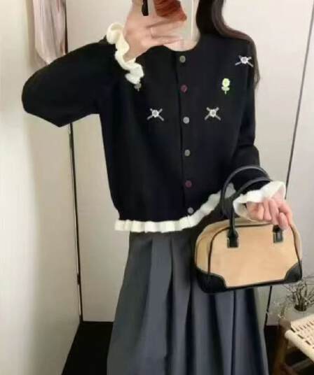 한 부서 부드러운 바람 3 차원 꽃 니트 오픈 가디건 여성 가을 겨울 새로운 와이드 부드러운 찹쌀 배색 패치워크 스웨터 코트