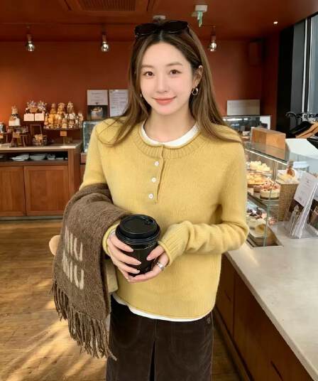 따뜻한 겨울 도파민 가을 겨울 새로운 라운드 넥 반 개방 버클 니트 스웨터 켜기