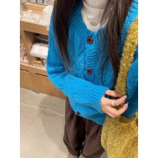批发韩系复古克莱因蓝色软糯针织<b class='q'>外套女</b>秋冬季高级感宽松<b class='q'>短</b>款毛衣开衫
