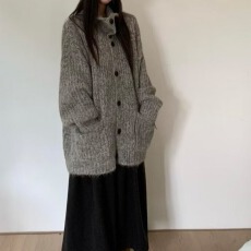 批发韩系软糯高领毛衣外套女秋冬穿搭慵懒宽松中长款外搭针织开衫上衣