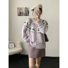 批发费尔岛提花针织衫浆果樱桃毛球点缀圆领复古氛围感毛衣外套