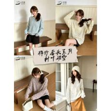 批发镂空针织衫女慵懒风宽松套头薄款毛衣长袖