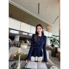 批发法式凹凸花纹百褶荷叶边针织外套女秋冬新款修身收腰显瘦毛衣开衫