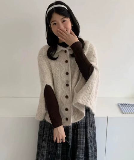 한 부서 느긋한 바람 레트로 폴로 칼라 꽈배기 니트 오픈 가디건 여성 고급 센스 부서 버클 다용도 망토 스웨터 오픈 가디건