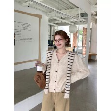 批发设计感条纹披肩长袖毛衣外套女秋季小众百搭显瘦新款上衣