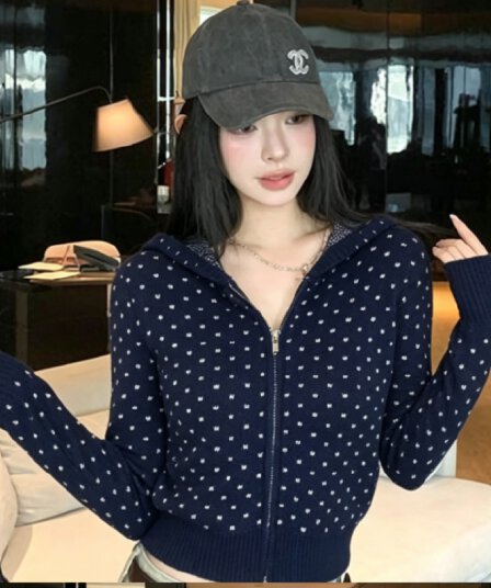 아메리칸 레트로 화이트 도트 무늬 후드 지퍼 후드티 여성 코트 가을 2026 새로운 루즈핏 다용도 짧은 맨위