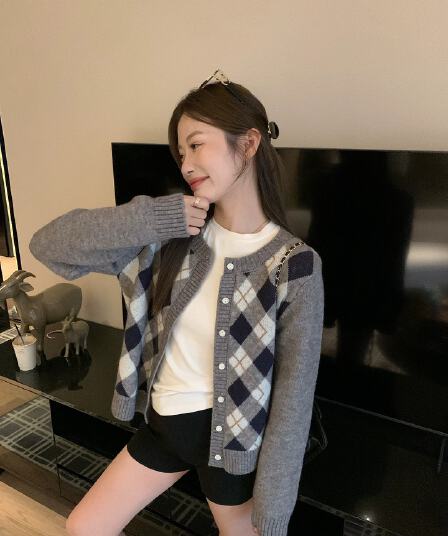 한 부서 링 그리드 니트 오픈 가디건 여성 가을 라운드 넥 스웨터 코트 레트로 학원 슬림해 보이는 외출용 맨위