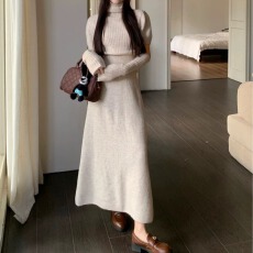 批发盐系轻熟慵懒风针织套装裙女秋冬高领短袖上衣半身毛衣长裙两件套