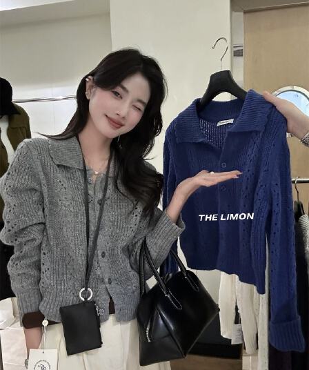 한 부서 회색 POLO 칼라 부드러운 찹쌀 홀로우 아웃 니트 오픈 가디건 여성 가을 폴로 칼라 긴팔 스웨터 코트 쇼트 스타일 맨위