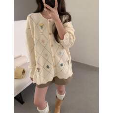 批发韩系甜美超好看长袖针织<b class='q'>开衫</b><b class='q'>女</b>秋冬新款大码胖mm绣花显瘦百搭毛衣