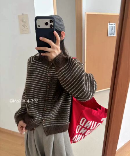 한국 chic 레트로 스트라이프 니트 오픈 가디건 여성 가을 새로운 루즈핏 다용도 스웨터 코트 고급 센스 맨위