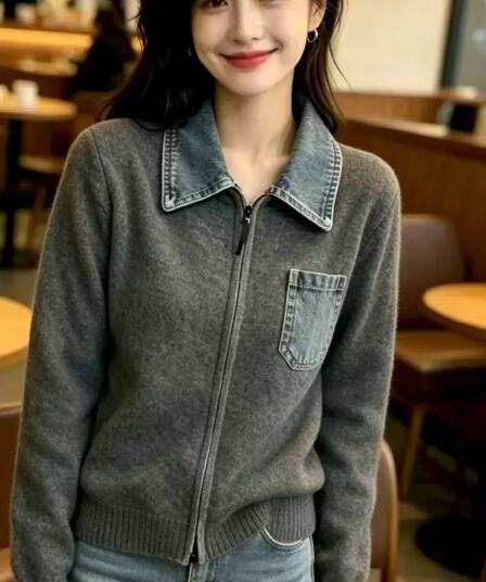 봄 가을 새로운 폴로 칼라 데님 패치워크 니트 오픈 가디건 여성 겨울 루즈핏 더블 지퍼 스웨터 코트 트렌디