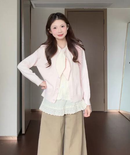 도트 무늬 나비 매듭 니트 오픈 가디건 여성 가을 겨울 슬림해 보이는 느긋한 다용도 부드러운 찹쌀 스웨터 외부 잡아라. 의류 페이크 레이어드
