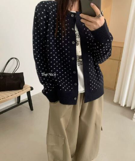 배색 라운드 넥 자카드 니트 오픈 가디건 여성 이른 가을 느긋한 달콤한 스타일 미니멀리즘 다용도 맨위 재킷