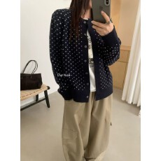 批发撞色圆领提花针织开衫女早秋慵懒甜美风简约百搭上衣<b class='q'>外套</b>