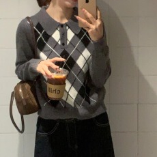 批发复古polo领撞色毛衣8888#设计感菱形格纹针织上衣