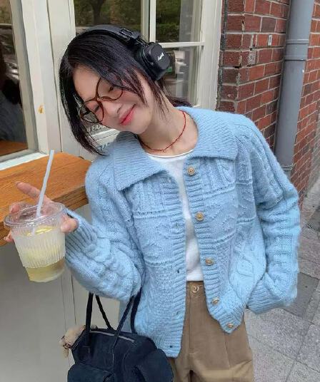 한 부서 다용도 미니멀리즘 느긋한 바람 폴로 칼라 니트 오픈 가디건 여성 단색 단추 스웨터 코트 작은 키 슬림해 보이는 여성