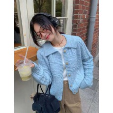 批发韩系百搭简约慵懒风翻领针织开衫女纯色纽扣毛衣<b class='q'>外套</b>小个子显瘦女