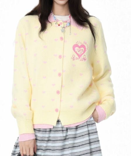 한 부서 하트 패치워크 색상 달콤함 polo 폴로 칼라 이른 가을 여성 스웨터 니트 캐주얼 카디건 코트