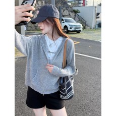 批发双拉链灰色连帽长袖<b class='q'>针织</b><b class='q'>开衫</b>初秋女装2026新款软糯慵懒风毛衣外套