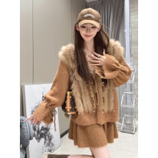 批发美拉德穿搭毛领拼接毛衣外套女春<b class='q'>夏</b>慵懒风针织开衫半身裙两件套装