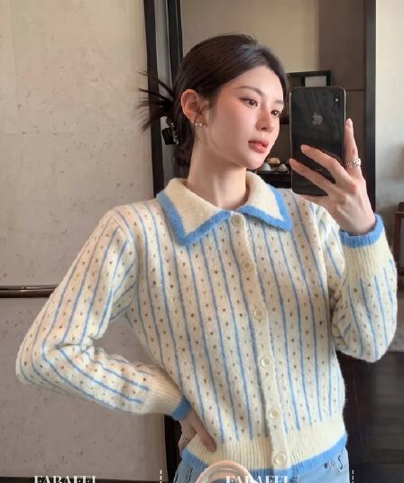 한 부서 배색 폴로 칼라 긴팔 니트 스웨터 여성 가을 섹션 부드러운 찹쌀 하트 도트 무늬 스웨터 오픈 가디건 슬림해 보이는 짧은 외투