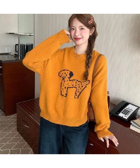 한국 스타일 라운드 넥 연령 감소 자카드 강아지 주황색 스웨터 이른 봄 새로운 루즈핏 풀오버 얇은 스타일 니트 스웨터 맨위