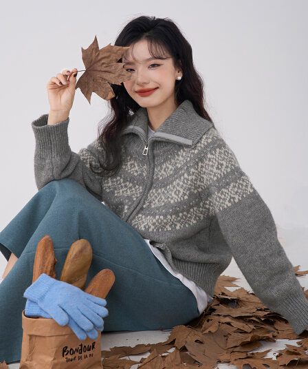 북유럽 공정한 섬 자카드 스웨터 오픈 가디건 여성 가을 겨울 프랑스식 레트로 더블 머리 지퍼 폴로 칼라 니트 재킷 맨위