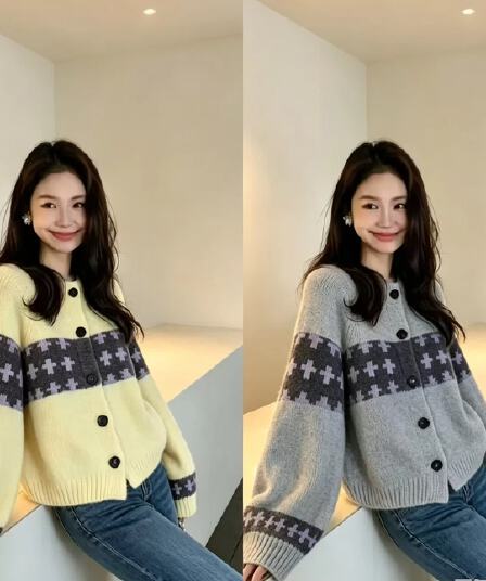 레트로 자카드 가을 새로운 한 부서 라운드 넥 루즈핏 쇼트 스타일 부드러운 찹쌀 스웨터 코트 느긋한 바람 작은 키 맨위