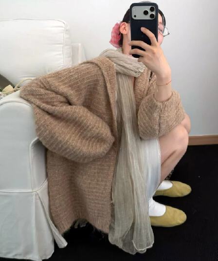 한 부서 후드 스웨터 여성 코트 느슨함 센스 느긋한 바람 루즈핏 부드러운 바람 가을 벌룬 소매 니트 오픈 가디건
